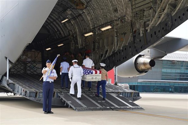 The 161st repatriation ceremony of remains of US servicemen who went missing during the war in Vietnam takes place at Da Nang International Airport on June 27, 2023. Photo courtesy of Vietnam News Agency.