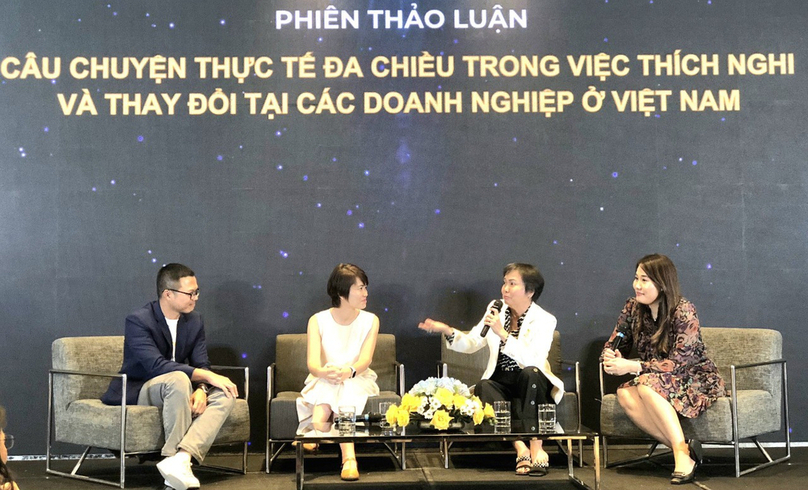 PNJ chairwoman Cao Thi Ngoc Dung (second from right) shares the restructuring story of her company at a seminar in Ho Chi Minh City, October 10, 2023. Photo by The Investor/Thien Ky.