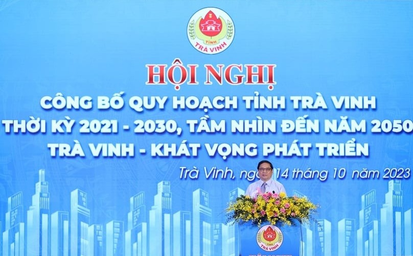 Prime Minister Pham Minh Chinh speaks at the announcement of Tra Vinh province's plan for 2021-2023 in Tra Vinh province, Vietnam's Mekong Delta, October 14, 2023. Photo courtesy of the government's news portal.
