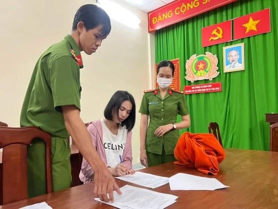 Lingerie model Ngoc Trinh at a police station in Ho Chi Minh City, October 19, 2023. Photo courtesy of HCMC Police.