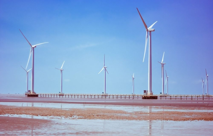 An onshore wind power project in Bac Lieu province, Vietnam's Mekong Delta. Photo courtesy of Mekong Discovery.
