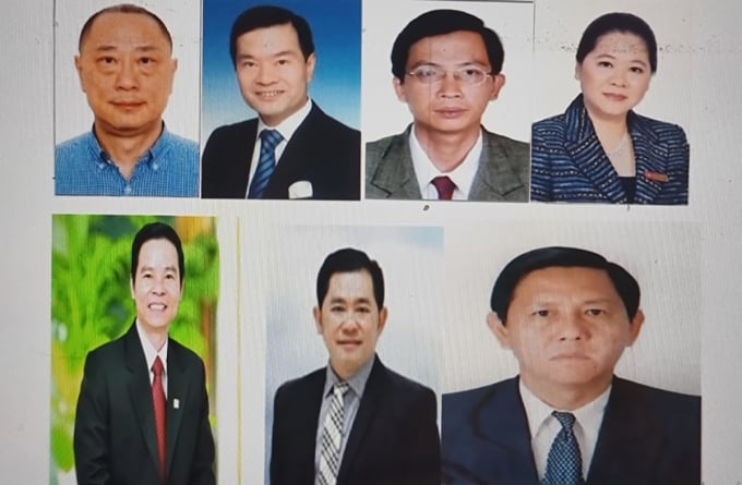 Former chairwoman Nguyen Thi Thu Suong (first row, first, right), former chairman Dinh Van Thanh (second row, first, left) and five other former executives of Saigon Joint Stock Commercial Bank (SCB) wanted by Vietnamese police for involvement in Van Thinh Phat's bond fraud case. Photo courtesy of the Ministry of Public Security.