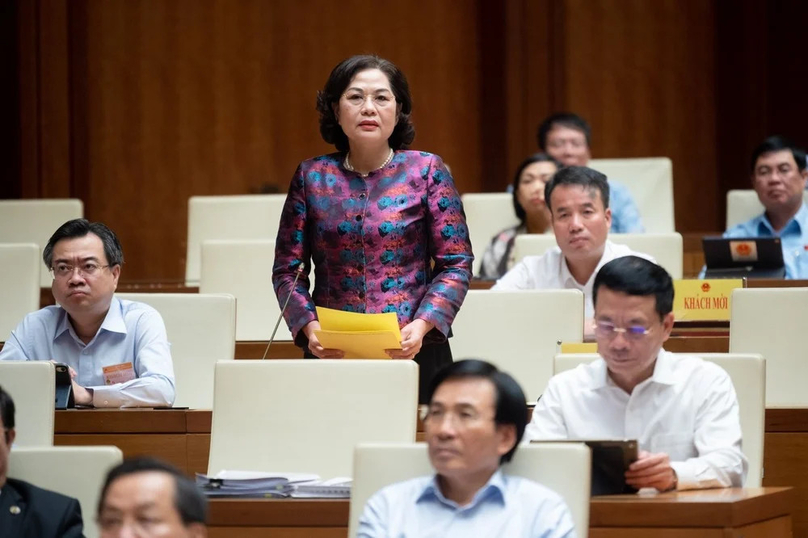 State Bank of Vietnam (SBV) Governor Nguyen Thi Hong speaks at the legislature's discussion on socio-economic situation on November 1, 2023. Photo courtesy of the National Assembly.