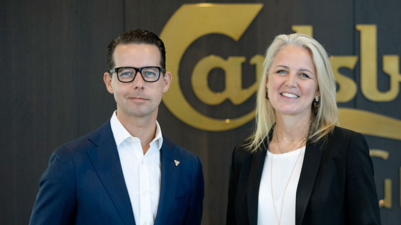 Carlsberg CEO Jabob Aarup-Andersen (left) and CFO Ulrica Fearn. Photo courtesy of Carlsberg.