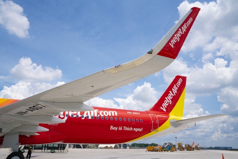 A Vietjet aircraft lands at Noi Bai Airport in Hanoi, northern Vietnam. Photo courtesy of the airline.