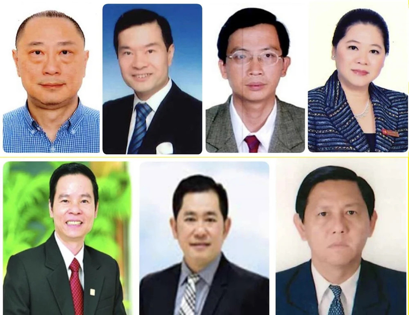 Former chairwoman Nguyen Thi Thu Suong (first row, first, right), former chairman Dinh Van Thanh (second row, first, left) and five other former executives of Saigon Commercial Bank (SCB) are wanted by Vietnamese police for involvement in Van Thinh Phat's bond fraud case. Photo courtesy of the Ministry of Public Security.