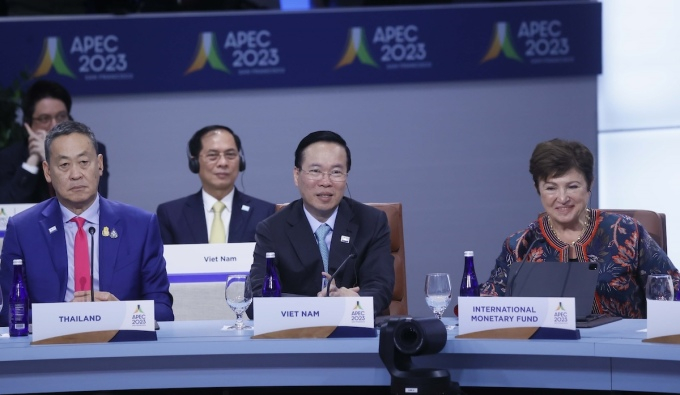From left, Thailand Prime Minister Srettha Thavisin, Vietnam President Vo Van Thuong and IMF managing director Kristalina Georgieva attend the APEC Economic Leaders' meeting in San Franciso, November 17, 2023. Photo courtesy of Vietnam News Agency.