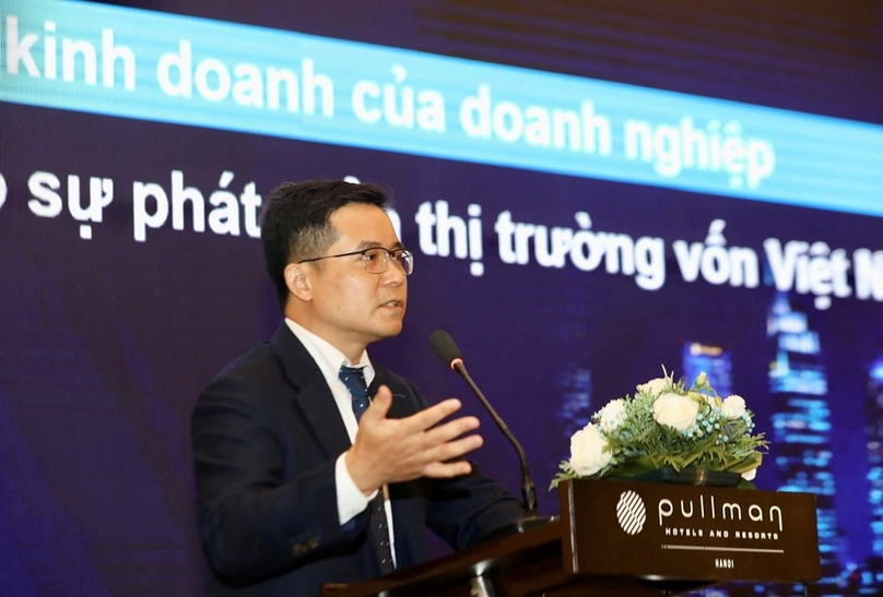 Nguyen Quang Thuan, chairman and founder of Hanoi-based FiinGroup, speaks at a conference on Vietnam's corporate bond market in Hanoi, September 21, 2023. Photo courtesy of Vietnam News Agency.