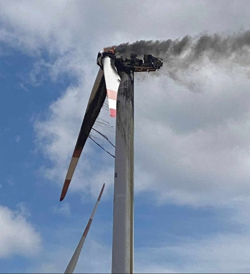 A wind turbine of Phong Dien 1 power plant in Binh Thuan province, central Vietnam, catches fire on July 26, 2023. Photo courtesy of Doi Song & Phap Luat (Life & Law) magazine.