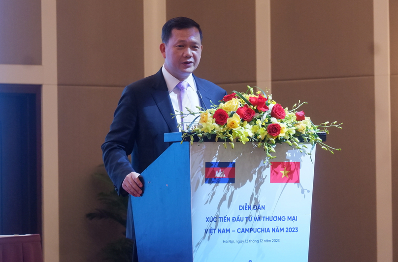 Cambodia's Prime Minister Hun Manet speaks at the Vietnam-Cambodia Trade and Investment Promotion Forum in Hanoi, December 12, 2023. Photo by The Investor/Minh Tuan.