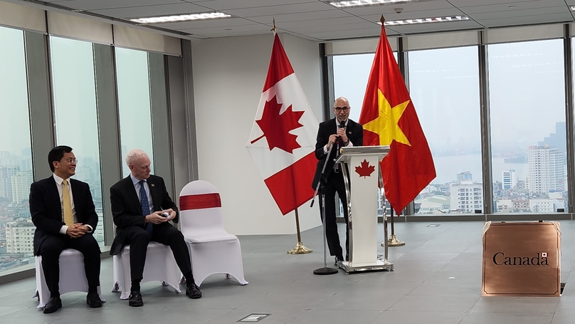 From left to right: Vietnamese Deputy Minister of Foreign Affairs Ha Kim Ngoc, Canadian Deputy Minister of Foreign Affairs David Morrison, Canadian Ambassador to Vietnam Shawn Steil at the groundbreaking ceremony of new Canadian Embassy office in Hanoi,  December 13, 2023. Photo by The Investor/Tri Duc.