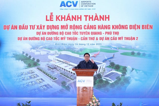Prime Minister Pham Minh Chinh addresses the inauguration ceremony of the expanded Dien Bien airport in Dien Bien province, northern Vietnam, December 24, 2023. Photo courtesy of the government's news portal.