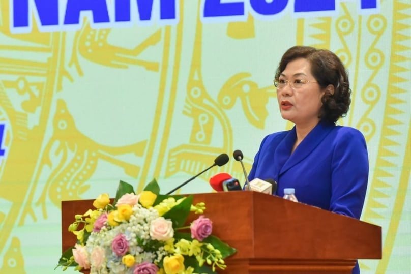 State Bank of Vietnam Governer Nguyen Thi Hong speaks at a banking conference in Hanoi, January 8, 2023. Photo courtesy of the central bank.