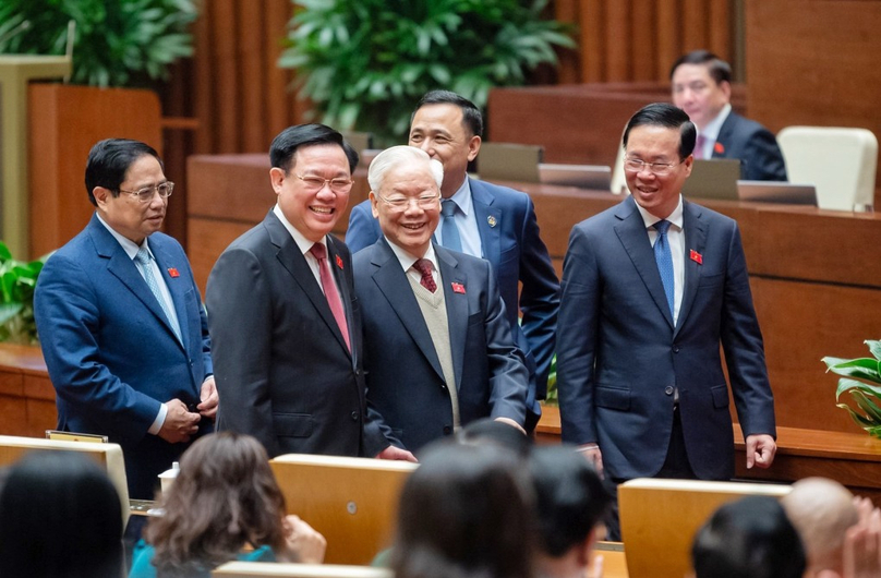 Party General Secretary Nguyen Phu Trong, President Vo Van Thuong, Prime Minister Pham Minh Chinh, and National Assembly Chairman Vuong Dinh Hue before the opening of the National Assembly extraordinary session, January 15, 2024. Photo courtesy of the government's news portal.