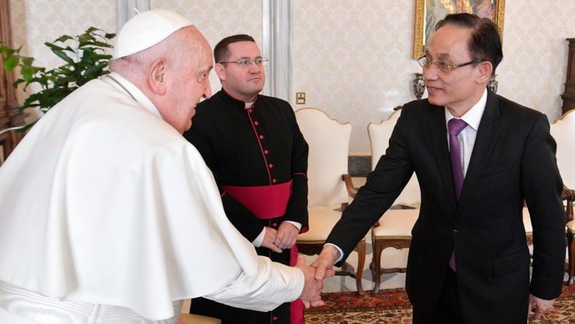 Pope Francis meets with Le Hoai Trung, Secretary of the Communist Party of Vietnam Central Committee and head of its Commission for External Relations, at the Vatican on January 18, 2024. Photo courtesy of  Vatican Media.