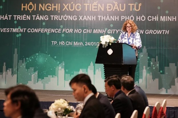 Carolyn Turk, the World Bank’s country director for Vietnam, addresses an investment promotion conference for green growth in HCMC, January 24, 2024. Photo courtesy of Ho Chi Minh City People's Committee.