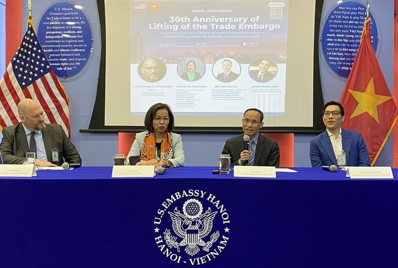 From left: Richard D. McClellan, head of Tony Blair Institute’s operations in Vietnam; Ha Thu Thanh, chairperson of Deloitte Vietnam; Can Van Luc, chief economist of BIDV; and Bui Quang Minh, founder of multi-industry ecosystem Beta Group at a discussion marking the 30th anniversary of lifting of the U.S. trade embargo, Hanoi, February 2, 2024.  Photo by The Investor/Minh Tuan.