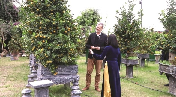 French Ambassador Olivier Brochet visits a kumquat garden in Hanoi. Photo by VNS/Hong Anh.