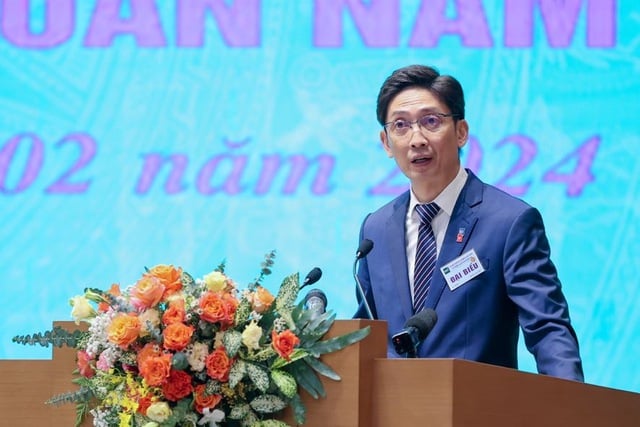 Ketut Ariadi Kusuma, senior financial sector specialist at Finance & Markets Global Practice, World Bank, speaks at a Hanoi conference on developing Vietnam’s stock market, February 28, 2024. Photo courtesy of the government's news portal.