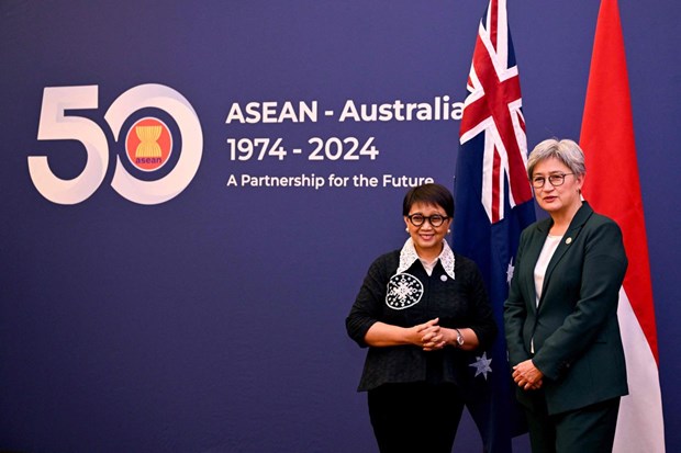 Australia's Foreign Minister Penny Wong (right) greets Indonesia's Foreign Minister Retno Marsudi (left) during the Australia-ASEAN Summit in Melbourne on Monday, March 4, 2024. Photo courtesy of AFP.