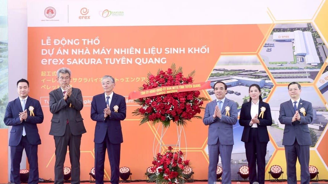 Japanese firm Erex holds a groundbreaking ceremony for Erex Sakura Tuyen Quang biomass fuel plant in Tuyen Quang province, northern Vietnam, March 6, 2024. Photo courtesy of Tuyen Quang newspaper.