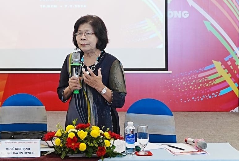  Vu Kim Hanh, president of the Business Association of High Quality Vietnamese Products, speaks at industry fair in Ho Chi Minh City, March 7, 2024. Photo courtesy of the association.