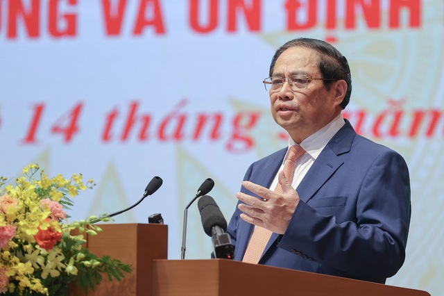 Prime Minister Pham Minh Chinh addresses a national conference on monetary policy and growth-bolstering measures in Hanoi, March 14, 2024. Photo courtesy of the government’s news portal.