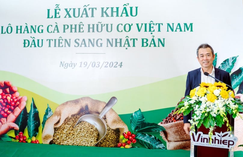 Thai Nhu Hiep, vice president of the Vietnam Coffee and Cocoa Association and director of Vinh Hiep Co., Ltd at a ceremony held to mark the first batch of organic coffee shipped from Vietnam to japan, Gia Lai province, March 19, 2024. Photo courtesy of Vinh Hiep.