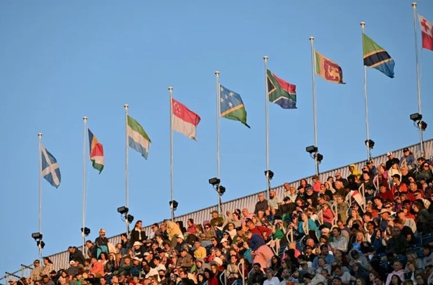 Countries' flags at the Commonwealth Games in Birmingham in 2022. Photo courtesy of sg.news.yahoo.com.