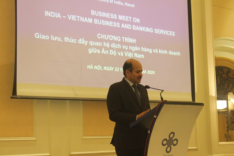 Indian Ambassador to Vietnam Sandeep Arya at the Business Meet on India-Vietnam Business and Banking Services on March 23, 2024. Photo courtesy of Thuy Hien.