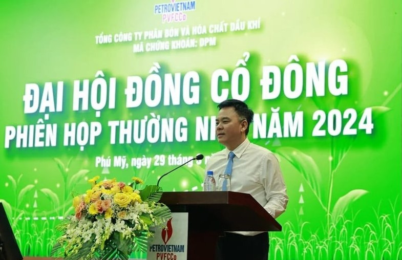New chairman of Phu My Fertilizer Nguyen Xuan Hoa speaks at the firm's annual general shareholder meeting on March 29, 2024. Photo courtesy of the company.