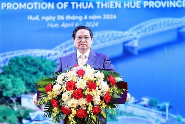 Prime Minister Pham Minh Chinh speaks at the conference to announce a master plan for Thua Thien-Hue province, central Vietnam, April 6, 2024. Photo courtesy of Vietnam News Agency.