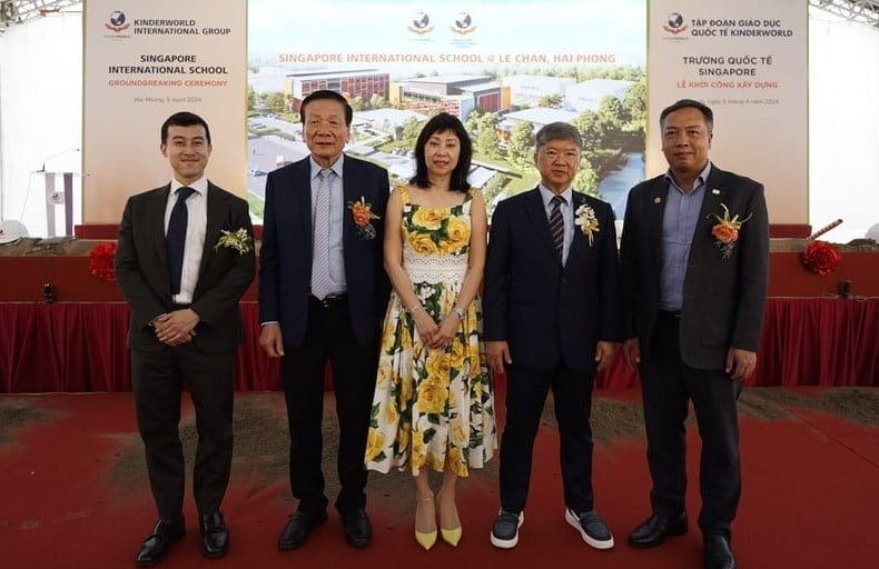 Dr. Nguyen Anh Tuan (second, left), editor-in-chief of The Investor; Le Trong Minh, editor-in-chief of VIR (first, right); and KinderWorld leaders at the groundbreaking ceremony of KinderWorld's new school in Hai Phong city, northern Vietnam, April 5, 2024. Photo courtesy of KinderWorld.