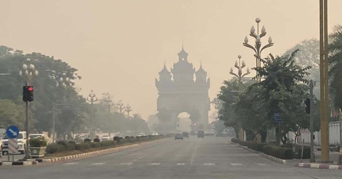 Hazy smog of air pollution over Vientiane, Laos. Photo courtesy of Laotian Times.