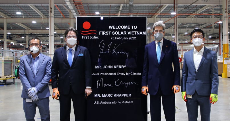 U.S. Special Presidential Envoy for Climate (second, right) John Kerry and U.S. Ambassador to Vietnam Marc Knapper visit the First Solar Vietnam factory in HCMC on February 25, 2022. Photo courtesy of First Solar Vietnam.