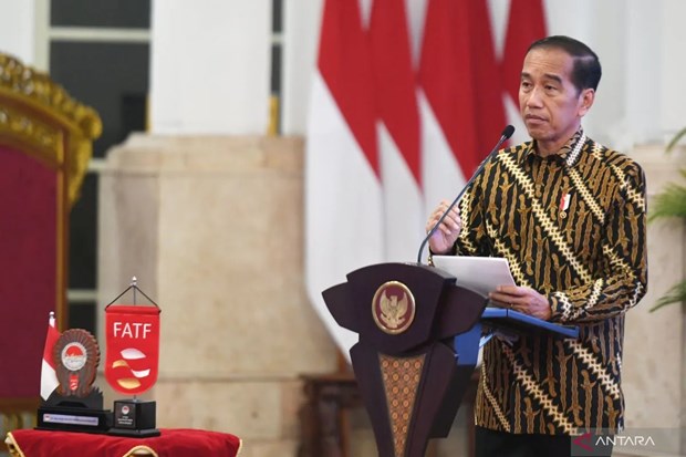 Indonesian President Joko Widodo delivers his remarks during the 22nd anniversary of the National Anti-Money Laundering and Combating Terrorism Financing Movement commemoration in Jakarta on April 17. Photo courtesy of antaranews.com.