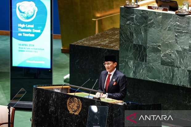 Indonesian Tourism and Creative Economy Minister Sandiaga Salahuddin Uno delivers his remarks during the UN General Assembly Sustainability Week's high-level thematic event on tourism at the UN Headquarters in New York. Photo courtesy of antaranews.com.