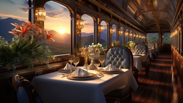 The train provides luxury amenities, including showers, charging stations, entertainment options, connecting passengers to scenic destinations on an eight-day journey. Photo courtesy of travelweekly-asia.com.