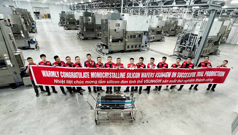 Workers celebrate successful trial production run at Vsun Solar's 4GW plant in Vietnam. Photo courtesy of the company.