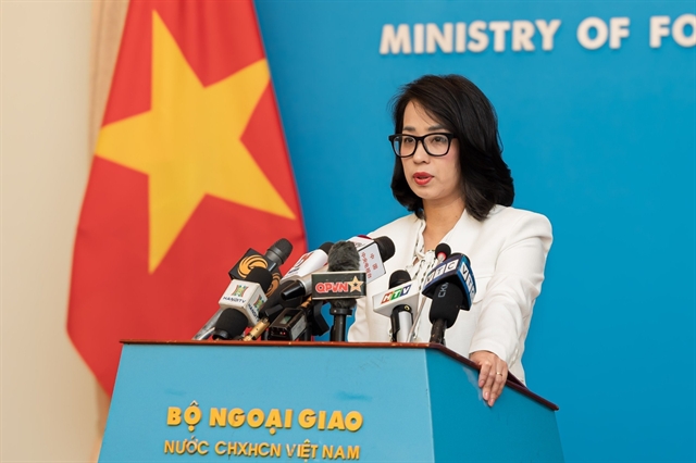 Spokesperson for the Ministry of Foreign Affairs Pham Thu Hang addresses reporters' queries during a regular press briefing in Hanoi, April 25, 2024. Photo courtesy of Vietnam News Agency.