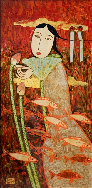 Lacquer painting ‘Em va Sen’ (The Girl and Lotus) by Bui Trong Du. Photo courtesy of Vietnam News.