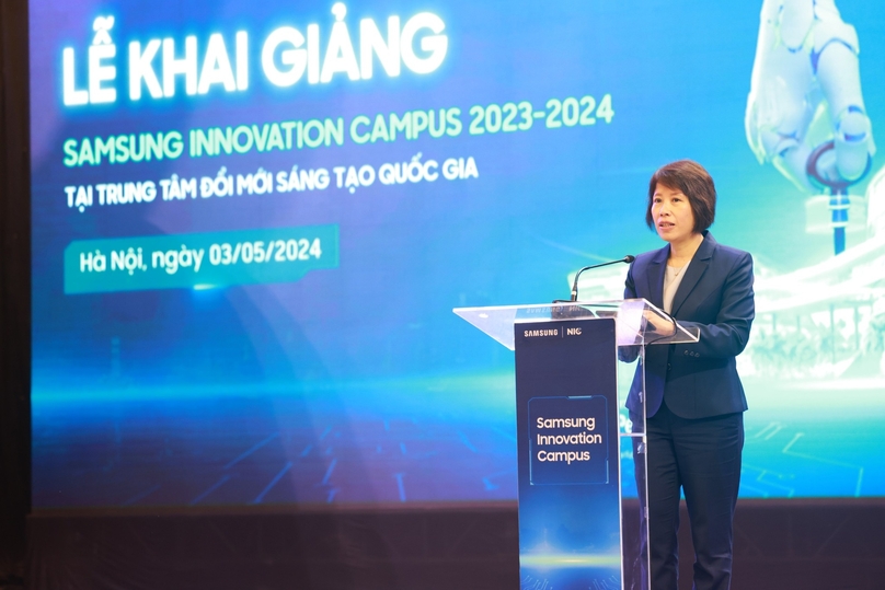 Deputy Minister of Planning and Investment Nguyen Thi Bich Ngoc speaks at the opening ceremony of Samsung Innovation Campus 2023-2024 in Hanoi on May 3, 2024. Photo courtesy of the National Innovation Center.