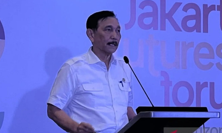 Coordinating Minister for Maritime Affairs and Investment Luhut Binsar Pandjaitan delivers a speech during an event titled 'Jakarta Future Forum: Blue Horizons, Green Growth' in Jakarta on May 3, 2024. Photo courtesy of Antara.