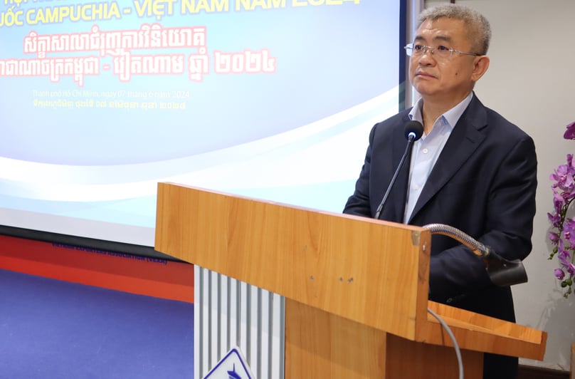 Chea Vuthy, Tổng thư ký Ban Đầu tư Campuchia, phát biểu tại Hội nghị xúc tiến đầu tư giữa Việt Nam và Campuchia tại Thành phố Hồ Chí Minh ngày 7/6/2024. Ảnh do Trung tâm Xúc tiến Thương mại và Đầu tư TP.HCM (ITPC) cung cấp.