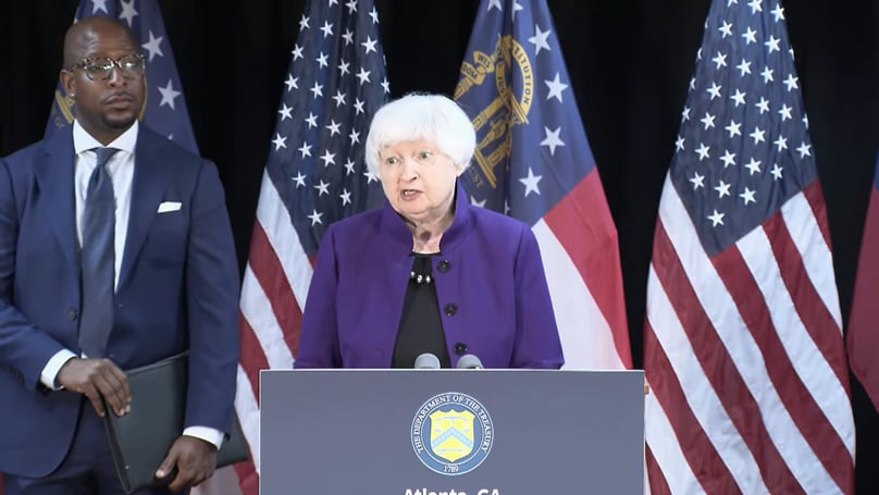 U.S. Treasury Secretary Janet Yellen (center) speaks at a press conference in Georgia, on June 20, 2024. Photo courtesy of the U.S. Treasury Department.