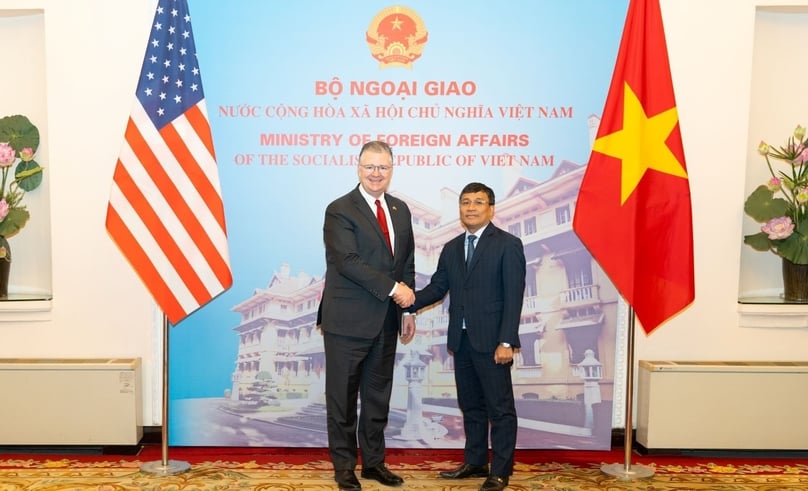  Assistant Secretary for East Asian and Pacific Affairs Daniel J. Kritenbrink (left) and Vietnam Standing Vice Foreign Minister Nguyen Minh Vu at a meeting in Hanoi, March 2024. Photo courtesy of the U.S. Embassy in Vietnam.