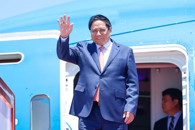 Prime Minister Pham Minh Chinh arrives in Liaoning province, China, on June 24, 2024. Photo courtesy of the government's news portal.