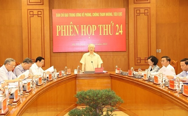 The Central Steering Committee for Prevention and Control of Corruption and Negative Phenomena convened its 24th meeting in Hanoi on August 16, 2023 under the chair of Party General Secretary and Chairman of the committee Nguyen Phu Trong. Photo by Vietnam News Agency.