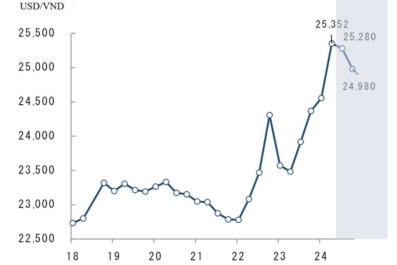 USD/VND exchange rate in Vietnam from 2018 and projections of Shinhan Bank Vietnam. Photo courtesy of the bank.