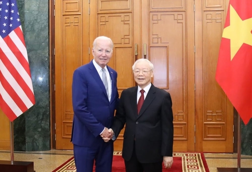 Party General Secretary Nguyen Phu Trong (right) meets with U.S. President Joe Biden in Hanoi, September 10, 2023. Photo courtesy of Vietnam News Agency.